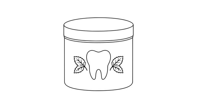 Black outline vector icon of a round lidded canister featuring central molar tooth flanked by two mint leaves with oval lid and straight sides drawn in thin lines isolated on plain white background