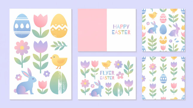 happy easter folk art vector illustration with eggs bunny chick pastel flowers leaves for spring greeting cards posters flyers postcards covers