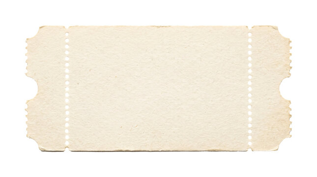 Blank vintage ticket template mockup with perforated edges and aged paper texture on transparent background