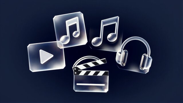 Floating transparent icons: video, music, headphones, and film clapperboard against a dark background.