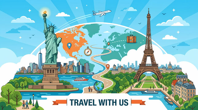 world travel landmarks vector illustration statue of liberty eiffel tower global city icons for tourism vacation adventure design