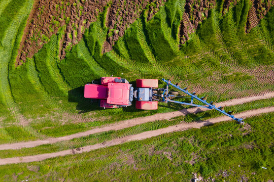 A red tractor with extended blue boom sprayer moves across a lush green field, treating rows of crops from above.