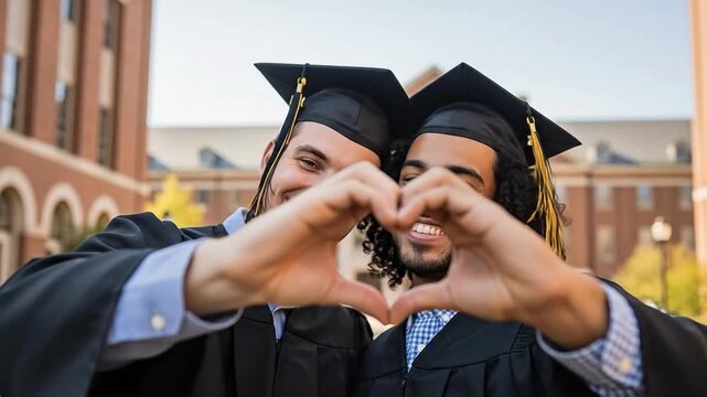 Two happy young male graduates in caps and gowns making a heart shape with their hands on university campus