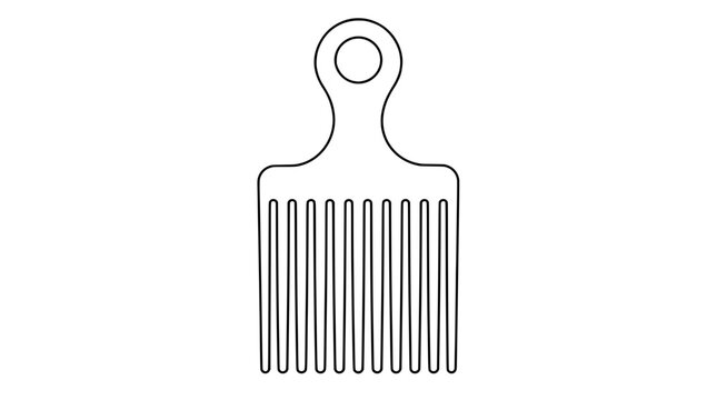 Black line art illustration of a wide-tooth afro pick comb with twelve straight teeth, flat rectangular base and rounded handle loop drawn with medium bold contours in centered arrangement