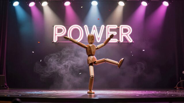 Wooden mannequin dances on stage under purple lights with POWER sign.