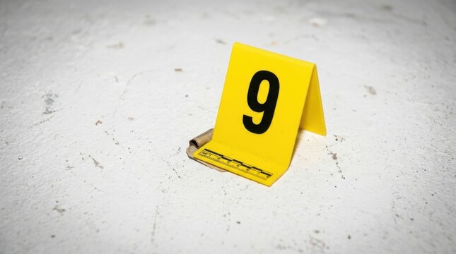 Yellow crime scene marker number 9 on a concrete floor evidence marker investigation concept
