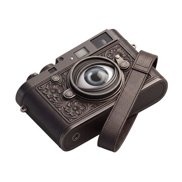 Surreal vintage rangefinder camera with human eye lens isolated