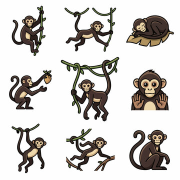Cute cartoon monkey jungle adventure character set with various poses