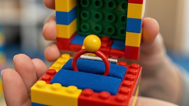 Creative handmade LEGO brick ring box holding a toy ring in hands for romantic surprise proposal concept in children playroom