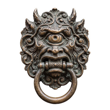 Antique bronze cyclops monster door knocker on transparent background