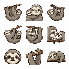 Obraz premium Cute sloth family and baby poses vector illustration
