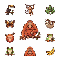 Obraz premium Cute tropical animal and plant icon collection jungle wildlife theme