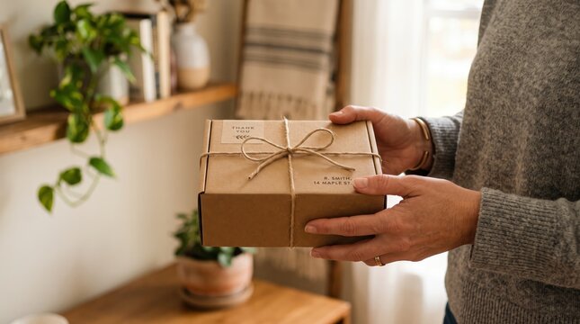 Woman holding small brown cardboard package wrapped with twine string and thank you label, eco-friendly delivery box, online shopping receipt, gift presentation, unboxing