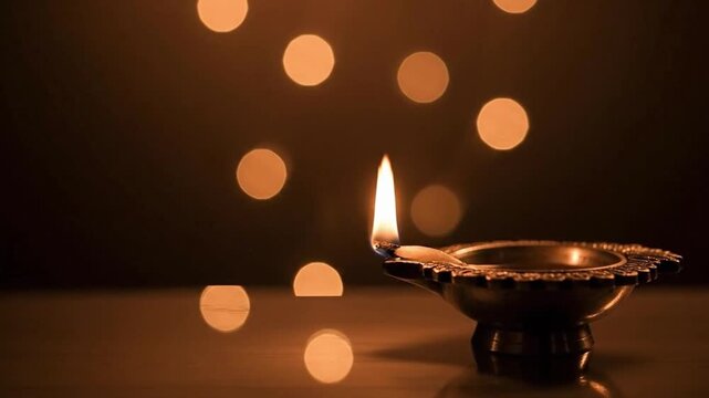Lit Diwa oil lamp glowing with bokeh lights for Diwali festival celebration concepts and cultural background designs