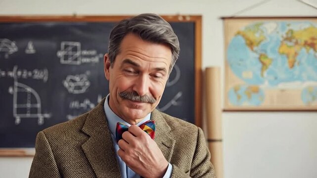 Smiling middle-aged male teacher with mustache wearing tweed jacket and bow tie in classroom