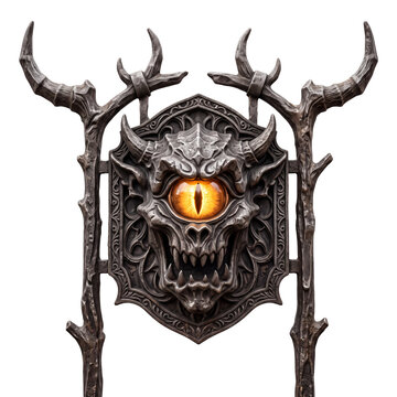 Gothic demonic plaque with glowing cyclops eye on transparent background
