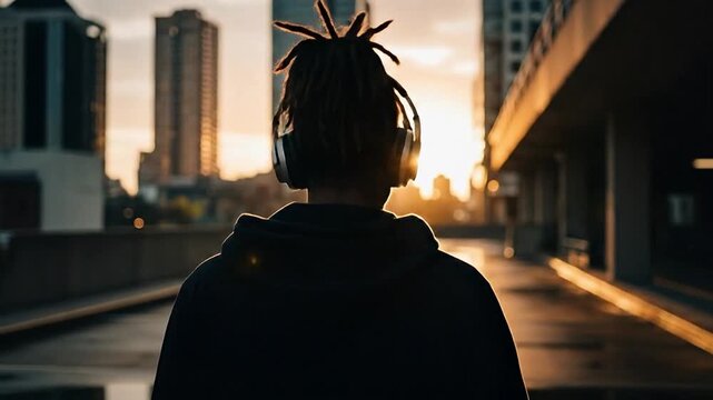 Young man with dreadlocks and headphones walking alone in city during sunset, representing urban lifestyle and modern music culture