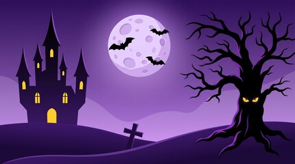 Fototapeta premium Haunted castle landscape with a full moon bats and a spooky tree under purple sky with castle glowing windows graphic