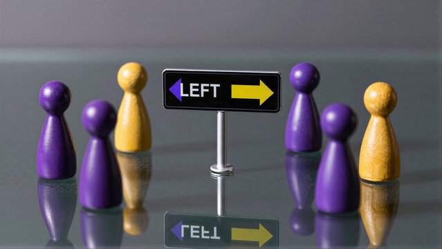 Purple and gold figurines face a choice: left or right, symbolizing decision-making.