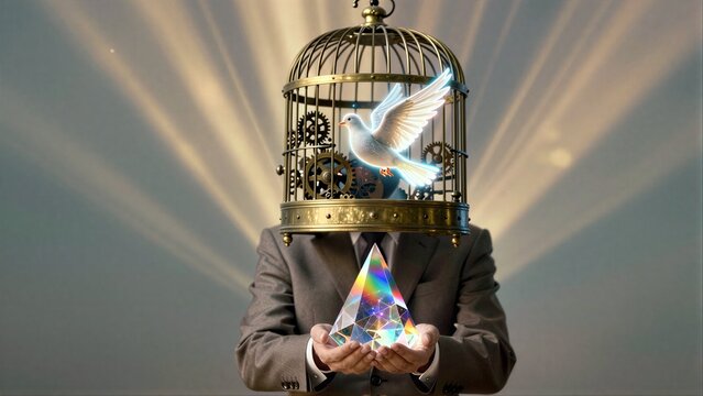 Man in suit holds glowing prism, head caged with gears; dove flies free amid sunbeams.