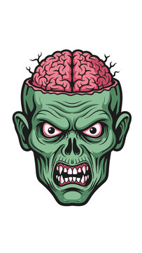 A detailed illustration of an angry green zombie head with an exposed pink brain and sharp teeth, perfect for horror themes.