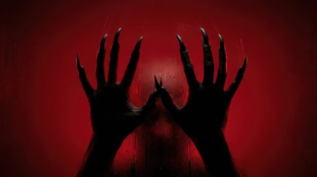 Dark, eerie monster hands with sharp black claws aggressively pressed against a wet, textured glass surface, with a deep red background creating a chilling and suspenseful horror scene, ideal for spoo