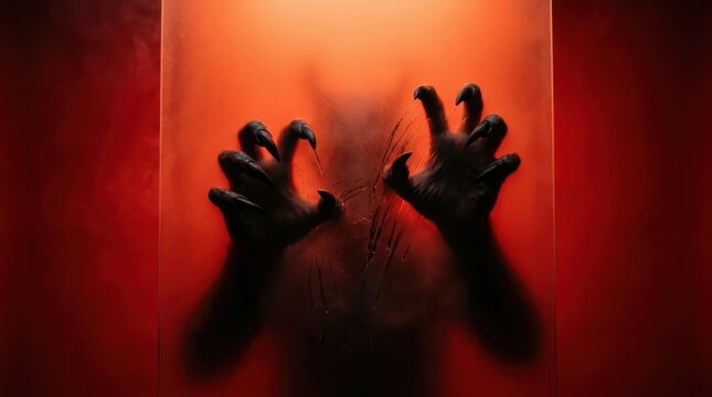 Monstrous dark clawed hands with sharp long nails reaching out and scratching aggressively against a glowing red-orange translucent screen, conveying a sense of horror, fear, and danger from a trapped