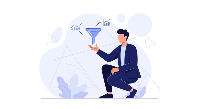 Businessman with Sales Funnel and Growth Charts - Business Concept Illustration
