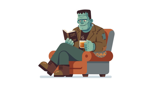 Friendly Frankenstein monster relaxing in a cozy armchair reading a book and holding hot tea flat vector illustration.