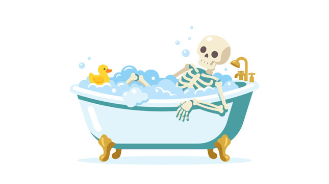 Funny skeleton taking a relaxing bubble bath with a rubber duck in a vintage clawfoot tub flat vector illustration.