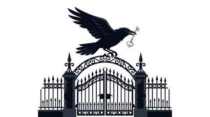 Fototapeta premium Mysterious black raven perched on ornate wrought iron cemetery gates holding a silver skeleton key vector illustration