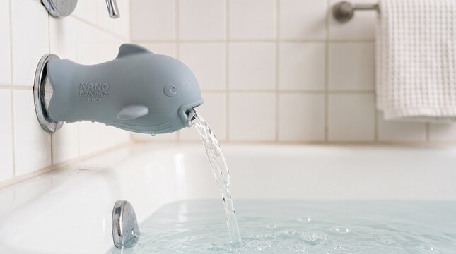 Whimsical whale shaped faucet cover directs water flow into bathtub for safe bathing during Bath Safety Month