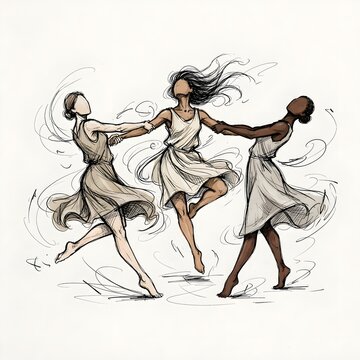 A conceptual illustration of diverse women dancing in a circle holding hands, representing freedom, unity, and cultural harmony.