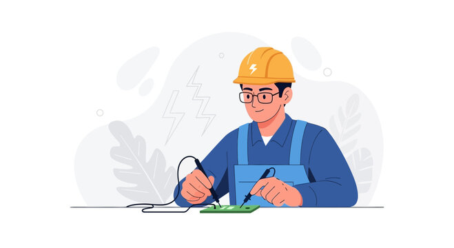 Electrician working on circuit board with multimeter, illustration of electrical engineering and technical repair