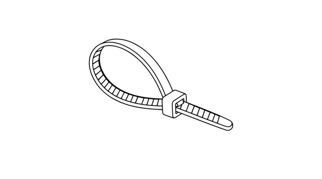 Black outline vector icon of a looped nylon cable zip tie with ridged strap and locking head drawn with medium outlines in diagonal centered layout capturing self fastening loop shape elegantly