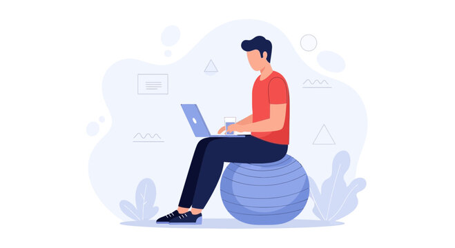 Man working on laptop while sitting on fitness ball, modern flat design vector illustration promoting healthy lifestyle and remote work.