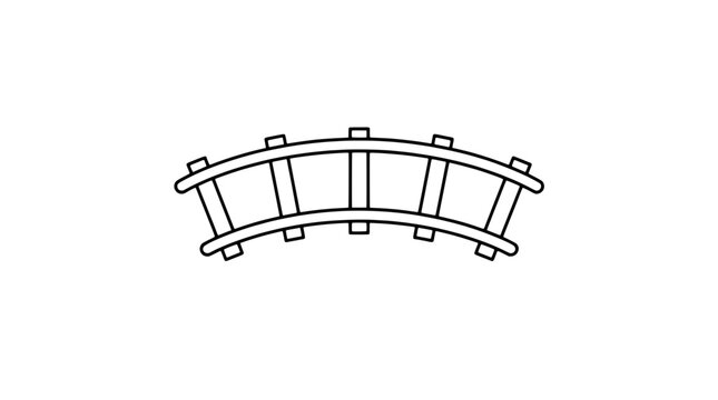 Black outline vector icon of a curved toy railway track with two parallel rails and a row of rectangular sleepers drawn with medium lines in centered composition highlighting gentle arc shape