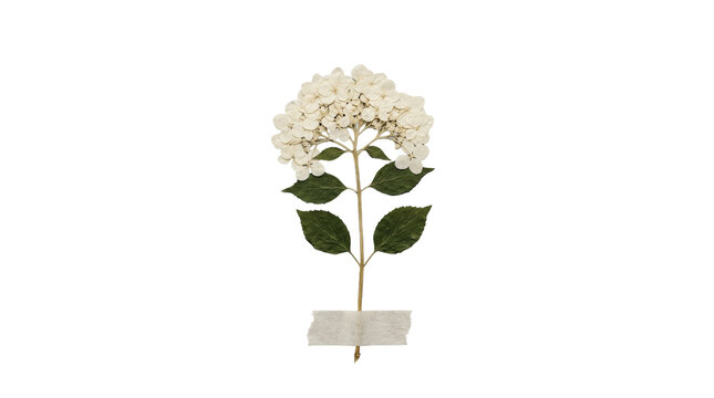 White hydrangea flower bunch with paper tape sticker isolated on png background now