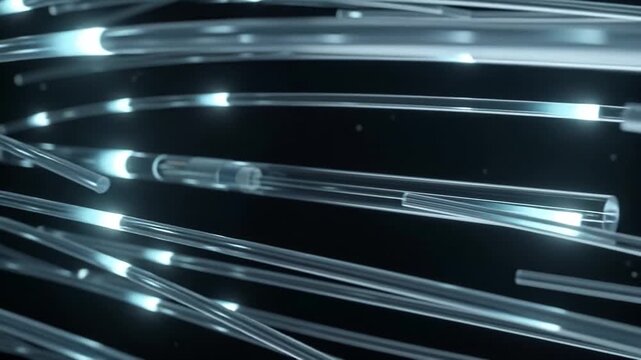 Fiber Optic Cables Transmit Light Pulses Through Dark Background