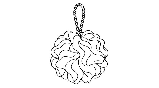 Black outline vector icon of an exfoliating bath pouf with voluminous ruffled mesh blossom and twisted rope loop handle drawn with medium black lines in centered composition showing textured fullness