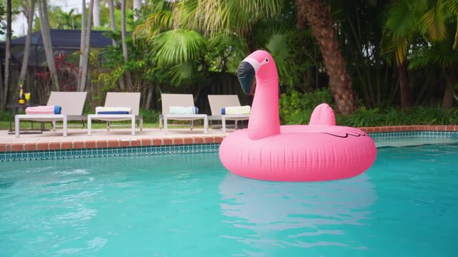 Pink inflatable flamingo float drifts on turquoise pool water. Four white sun loungers with rolled striped towels and a champagne bottle on a side table. Palm trees in a tropical backyard.