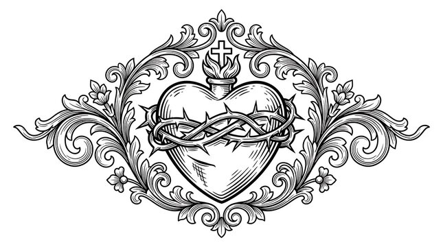 Vintage Sacred Heart of Jesus Engraving Style Illustration with Crown of Thorns and Baroque Frame