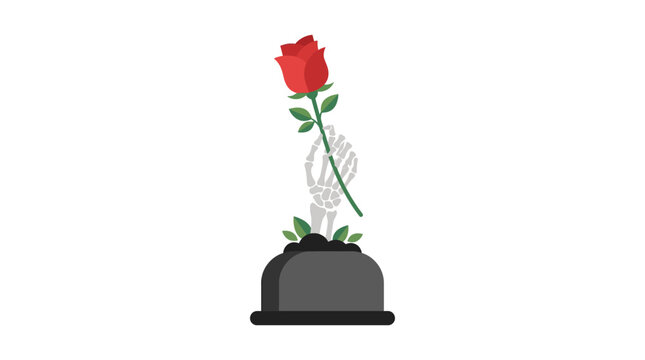 Skeleton hand emerging from grave holding a blooming red rose for gothic romance concept flat design vector illustration.