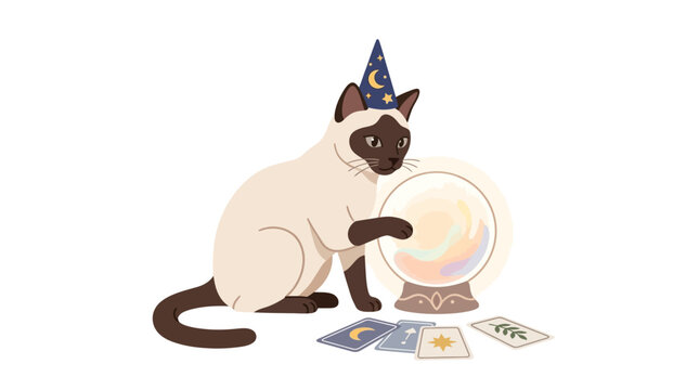 Siamese cat wizard predicting future with glowing crystal ball and tarot cards flat vector illustration