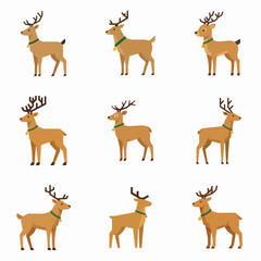 Obraz premium Set of Flat Christmas Reindeer with Green Collars and Bells