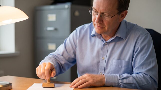Businessman in Blue Shirt Stamping Document with Wooden Handle Stamp in Office