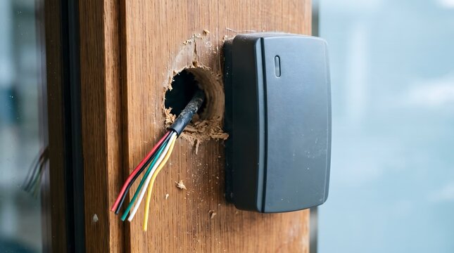 Electronic RFID access card reader wiring installation on door