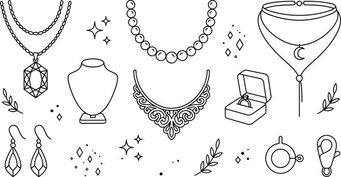 Elegant jewelry line art icon set including necklaces earrings rings and display stand vectors for boutique branding design
