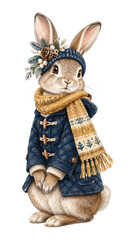 Obraz premium PNG Charming winter bunny wearing knitted hat, scarf and coat