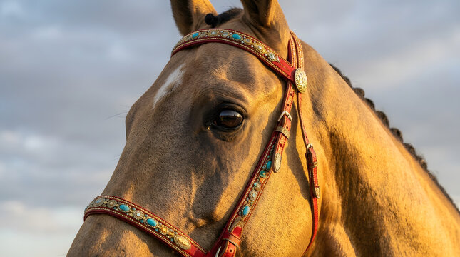 Akhal-Teke horse with golden coat and ornate red bridle isolated